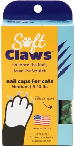 Soft Claws Nail Caps for Cats Made in USA - 40 Cat Claw Caps for 4-6 Weeks of Protection - Long-Lasting Cat Scratch Deterrent for Furniture - Black & Green, Medium