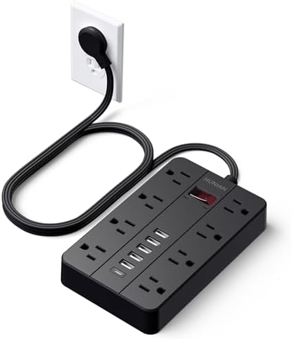 Power Strip with USB Ports, HUNIAN 5 Ft Extension Cord Flat Plug with 8 Outlets, 6 USB Charger(1 USB C Port), Indoor Desk Charging Station Surge Protector for Home and Office Accessories, Black