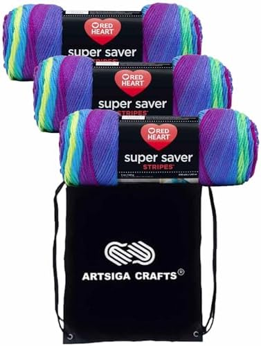 Red Heart Super Saver Parrot Stripe E300-4968 (3-Skeins - Same Dye Lot) Worsted Medium #4 Acrylic Yarn for Crocheting and Knitting with Project Bag