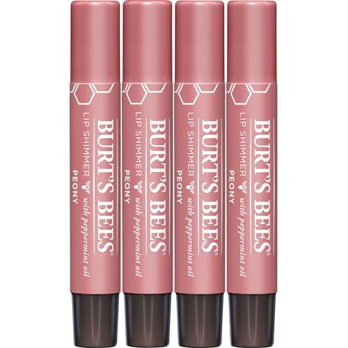 Burt's Bees Shimmer Lip Tint Valentines Day Gifts, Shimmering Lip Oil Stick, Moisturizing for All Day Hydration with Natural Glowy Pigmented Finish & Buildable Color, Peony (4-Pack)