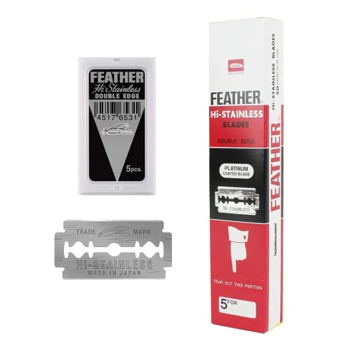 Feather Double Edge Safety Razor Blades - (50 Count) - Platinum Coated Hi-Stainless Steel Razor Blades - Fits Most Safety Razors - Super Sharp for Close Shaves - Made in Japan