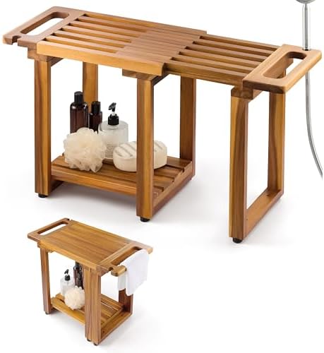 BLUEWEST Adjustable Shower Bench Stool for Inside Shower – 31.7'' Wood Bathroom Bench with Storage Shelf, Built-in Handle & Shower Head Holder, Waterproof Ideal for Sitting, Shelving Legs and Spa Use