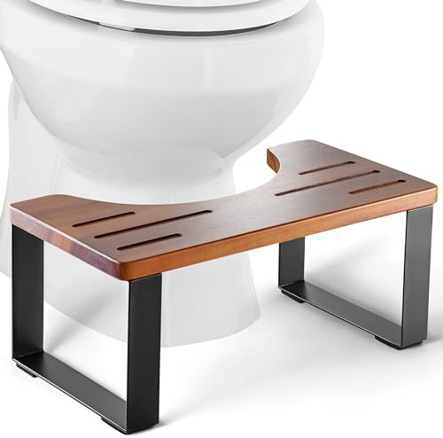 BLUEWEST Poop Stool, Acacia Wood Toilet Stool with Strong Steel Frame for Potty Training, 7 Inch Bathroom Step, Durable/Sturdy Support for Adults with Non-Slip Design