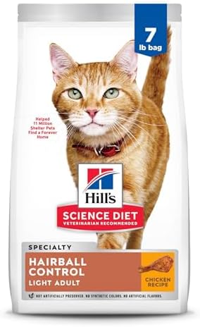Hill's Science Diet Hairball Control Light, Adult 1-6, Weight Management & Hairball Control Support, Dry Cat Food, Chicken Recipe, 7 lb Bag