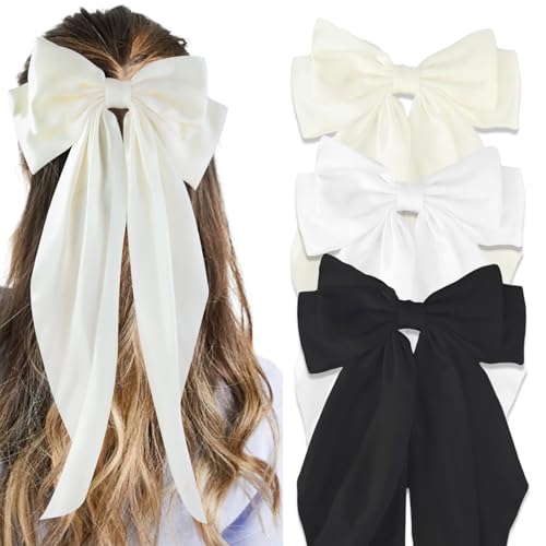 Canitor Hair Bows for Women Silky Satin Hair Ribbon Hair Barrettes Clip Oversized Long Tail Black White Hair Bows Cute Aesthetic Coquette Hair Accessories Preppy Teen Girl Gifts Trendy Stuff Things