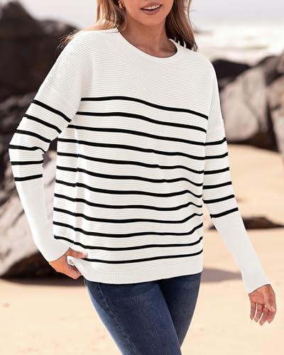 BTFBM Women Winter Sweater Oversized Sweater Long Sleeve Pullover Tops Loose Fit Christmas Sweater(Striped White Black,Large)