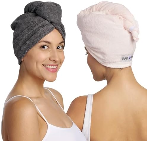Turbie Twist 2-Pack Microfiber Hair Towel for Beauty, Travel, Gifting - Hair Wrap Turban for Straight, Wavy & Curly Hair - Premium Hair Care - Grey & Light Pink