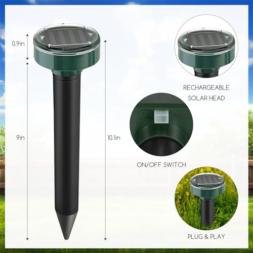 Solar Mole Repellent Ultrasonic Insect Repellent Solar Powered Outdoor Powered Sound Wave Deterrent ，Waterproof Sonic Repellent Spikes Drive Away Burrowing Animals from Lawns and Yard (8 Pieces)