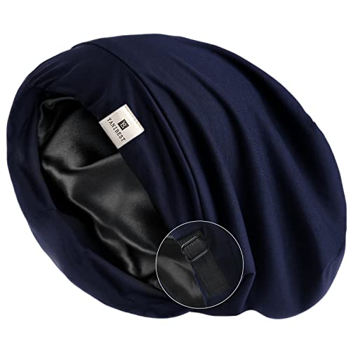 YANIBEST Silk Satin Bonnet Hair Cover Sleep Cap - Navy Blue Adjustable Stay on Silk Lined Slouchy Beanie Hat for Night Sleeping