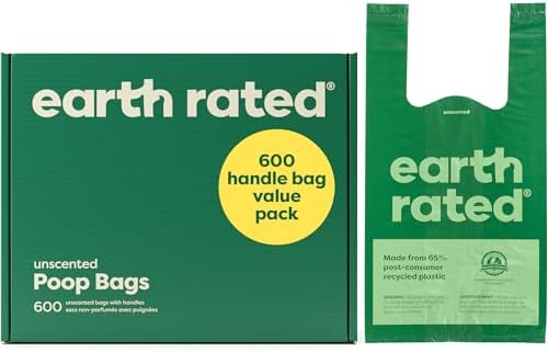 Earth Rated Dog Poop Bags with Handles Value Pack, Easy Tie and Guaranteed Leakproof, Unscented, 600 Handle Bag Count