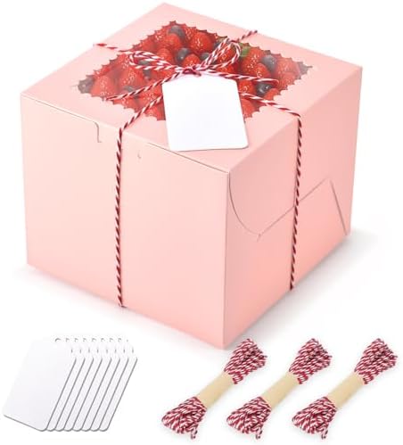 20Pcs Mini Cake Boxes with Window, 6x6x5 Inches Pink Bakery Boxes, Small 4 Cupcake Boxes, Cake Packaging for Pastries, Cookies, Chocolates, Cupcakes, Birthday Party, Wedding, Valentine's Day