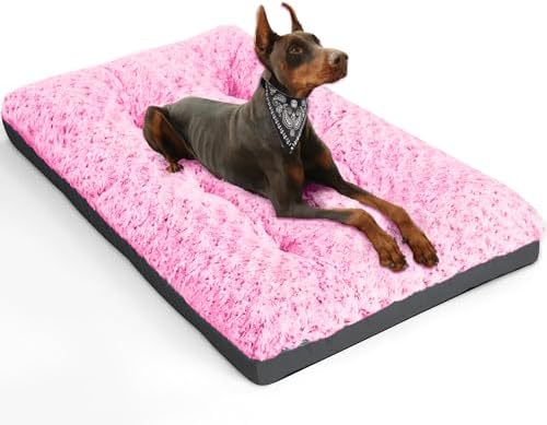 POCBLUE Deluxe Washable Dog Bed for Large Dogs Dog Crate Mat 36 Inch Comfy Fluffy Kennel Pad Anti-Slip for Dogs Up to 70 lbs, 36" x 23", Pink