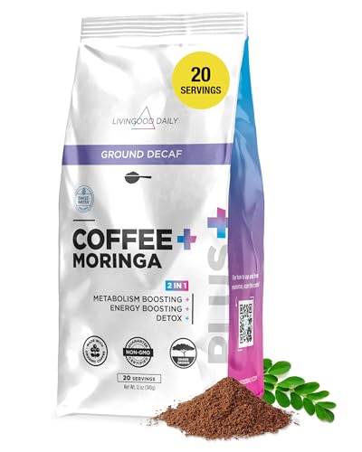 Livingood Daily Decaf Coffee with Moringa, Caffeine-Free Ground Coffee - Low Acid, Shade Grown & Made with Organic Coffee - Metabolism, Detox & Energy Boosting - 12 Oz