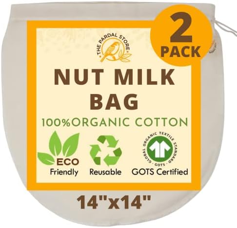2024 NEW - 2 Pcs 14"x14" Nut Milk Bag - 100% Organic Unbleached Cotton Cheesecloth Bags/Food Strainer, Nut Milk Bag Reusable for Straining Oat Milk, Almond Milk, Cheese making, Celery Juice Nut Bag