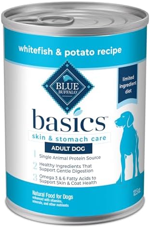 Blue Buffalo Basics Grain-Free Adult Wet Dog Food, Skin & Stomach Care, Limited Ingredient Diet, Whitefish Recipe, 12.5-oz. Can, 12 Count