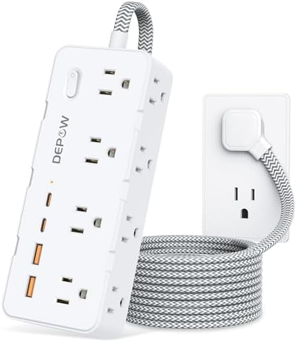 Power Strip Surge Protector, 5FT Braided Extension Cord with Multiple Outlets-8 AC Outlets 4 USB Ports (2 USB C), Flag Plug Charging Station, 1700 Joule Surge Protection for Home Office, White