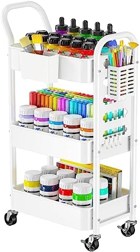 Pipishell 3-Tier Rolling Cart, Metal Utility Cart with Pegboard, Lockable Wheels & U-Shaped Handle, Storage Cart with 2 Hanging Cups & 4 Hooks for Living Room, Bedroom, Kitchen, Office (White)