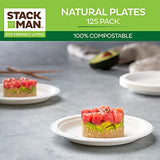 100% Compostable Disposable Paper Plates [125-Pack] - {PFAS-Free} - {BPI Certified} - [7 Inch] Heavy Duty, Eco-Friendly, Biodegradable Bagasse Dinner & Lunch Plates - Thick White 7" Plate by Stack Man