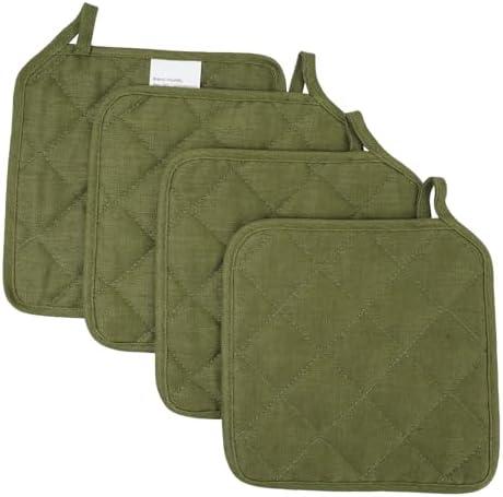 100% Linen Pot Holders for Kitchen Set of 4, Double Linen Layer, Cotton Lining & Hanging Loop, Heat Resistant Hot Pads Pot Holders for Cooking Kitchenaid- Green