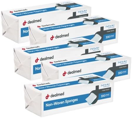 Dealmed 2" x 2" Non-Woven Gauze Sponges - 4-Ply All-Purpose Non-Sterile Pads, Absorbent Dental Gauze Wound Care Product for First Aid Kit/Medical Facilities, 200 Count (Pack of 5)
