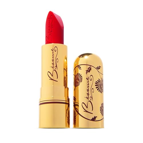 BESAME Red Lipstick 1920 Vintage Shade, Cool & Bright Strawberry Red with Blue Undertone, With Moisturizing Vitamin E, Satin Finish, Long-Lasting Lip-Stick Color, Blot for Matte Effect or Lip Stain