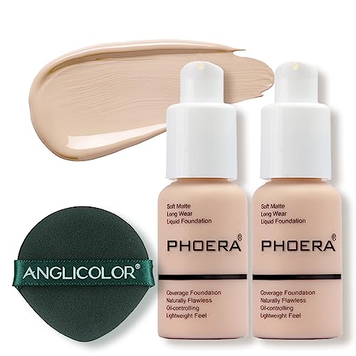 PHOERA Foundation Makeup, Flawless Soft Matte Oil Control Liquid Foundation, Full Coverage Mattle Oil-Control Concealer for Older Women, Great Choice For Gift (#101 Porcelain(2pcs))