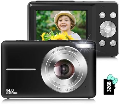 Toberto Digital Camera, FHD 1080P Digital Camera for Kids with 16X Zoom Anti Shake, Flashlight, 44MP Point and Shoot Camera Compact Small Camera for Teens, Girls, Boys, Students - Black