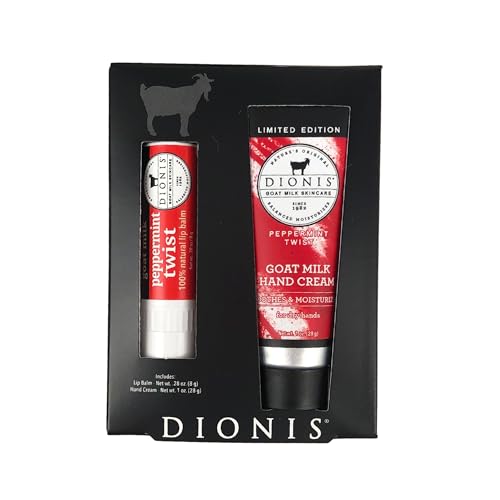 Dionis Goat Milk Skincare Peppermint Twist Scented Hand Cream & Lip Balm Set (1 oz and .28 oz) - Safe For Sensitive Skin, Soothes Chapped Lips and Dry Skin, Cruelty-free and Paraben-free
