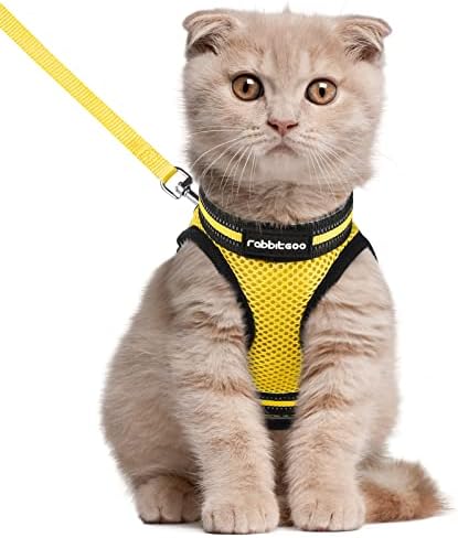 rabbitgoo Cat Harness and Leash Set for Walking Escape Proof, Adjustable Soft Kittens Vest with Reflective Strip for Cats, Comfortable Outdoor Vest, Bright Yellow, L