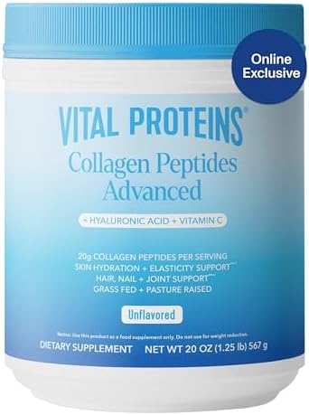 Vital Proteins Collagen Peptides Powder with Hyaluronic Acid and Vitamin C, Unflavored, 20 oz