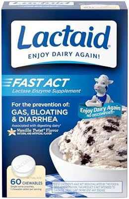 Lactaid Fast Act Lactose Intolerance Chewables with Lactase Enzymes, Vanilla, 60 Count (Pack of 1)