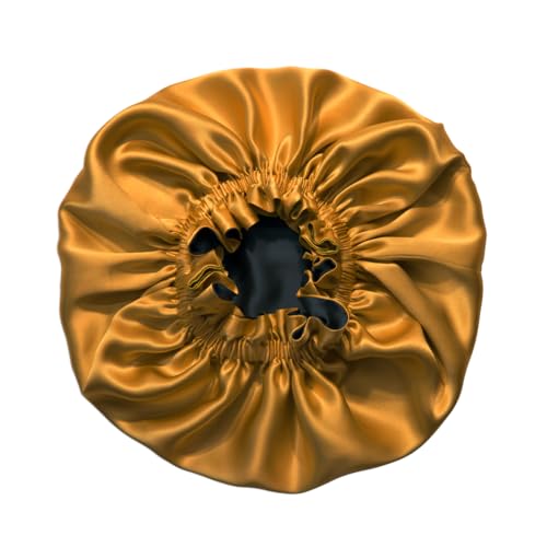 100% Pure Silk Bonnet for Sleeping Women - Reversible Mulberry Silk Hair Wrap - Satin Sleep Bonnet for Black Women - Silk Bonnet Satin Head Wrap for Sleeping - Made in USA (Amber Yellow and Black)
