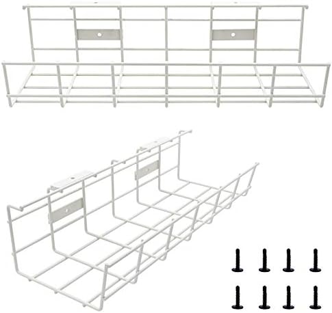Under Desk Cable Tray - 2 Pack Cable Raceway for Wire Management. Metal Wire Organizer for Office, Studio and Home. Super Sturdy Cord Organizer for Desk - White Cable Management Under Desk