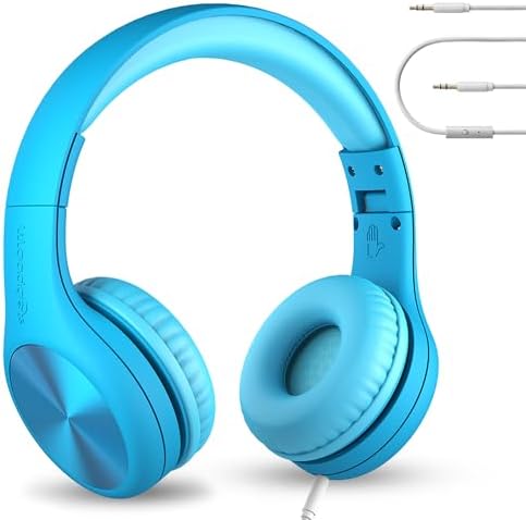 LilGadgets Connect+ Pro Wired Kids Headphones for School with Microphone, Volume Limiting & Noise Reduction Over-Ear Headset with Cord, SharePort Technology & SoftTouch Padding, Blue