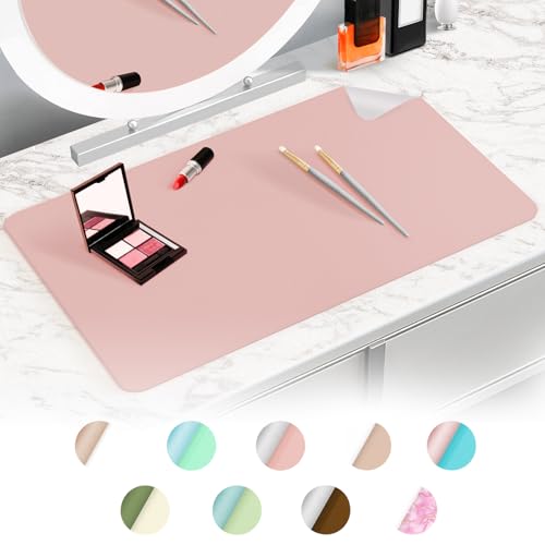 Makeup Mat for Vanity to Protect Vanity Desk Top, Dual-Sided Vanity Mat, Easy to Clean Vanity Desk Mat - Vanity Makeup Pads Waterproof and Oilproof, 31.5 x 15.7 in (Pink and Silver)