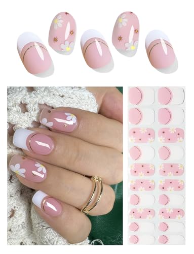 Semi Cured Gel Nail Strips | French Pink Flower 20pcs Semi Cured Gel Nails Sticker | Gel Nail Wraps UV for Home Nails DIY