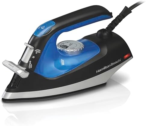 Hamilton Beach 2-in-1 Steam Iron for Clothes and Garment Steamer with 5 Temperature Settings, Nonstick Soleplate, 1200 Watts, 8’ Cord, Black & Blue (14525F)