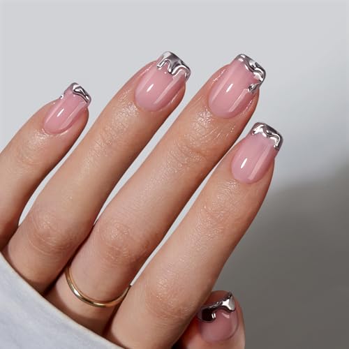 BTArtbox Press On Nails Short Square - Sliver Designed Press On Nails, 3D Sliver Foil Glue On Nails for Women Gifts, Natural Fake Nail with Glue, Glue On Nails in 15 Sizes, Snow Queen