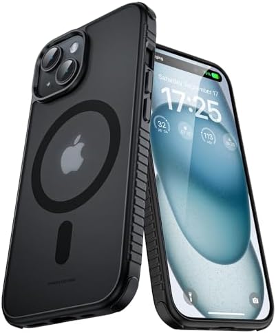 UNBREAKcable Magnetic Case for iPhone 15, [Compatible with MagSafe] [Military Grade Shockproof] [Non-Slip] Translucent Matte Back Soft Silicone Protective Case for iPhone 15, Black