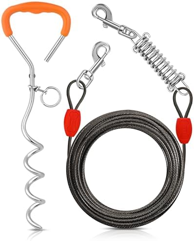 Petbobi Dog Tie-Out Cable and Stake - 30ft Heavy Duty Cable with Spring, No Tangle, 16in Ground Stake, Ideal for Yard, Camping and Beach, Suitable for Small Medium Large Dogs Up to 120 lbs, Black