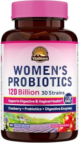 Vitalitown Probiotics for Women 120 Billion CFUs, 30 Strains, with Prebiotics & Digestive Enzymes & Cranberry, Gut & Vaginal Health, Vegan 60 (Pack of 1) Delayed Release Caps