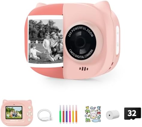Kids Instant Print Camera, Portable Toddler Toy for 3 4 5 6 7 8 9 10 Year Old Girls Boys, Christmas Birthday Gifts 1080P HD Dual-Lens Creative Instant Camera with Music Story Player, Pink