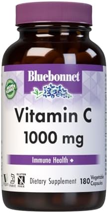 Bluebonnet Nutrition Vitamin C 1000 Mg Vegetable Capsules, Ascorbic Acid, for Immune Skin Health, Vegan, Vegetarian, Non GMO, Gluten, Soy & Milk Free, Kosher, 180 Count