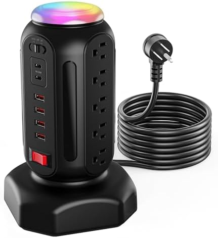 PD 30W Fast Charging Power Strip, with Surge Protector, RGB Night Light, 15 Outlets Power Tower, 2 Type C and 4 USB Ports, Space Saving, Retractable Extension Cord 6.5ft for Home (Black)