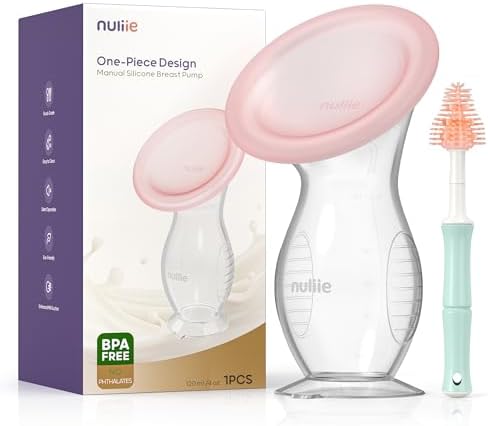 Nuliie Silicone Manual Breast Pump with Leak-Proof Lid & Suction Cup, 4oz/120ml BPA-Free, Wearable Hand Pump Breastmilk, Breast Milk Collectors for Breastfeeding Essentials, Includes Cleaning Brush