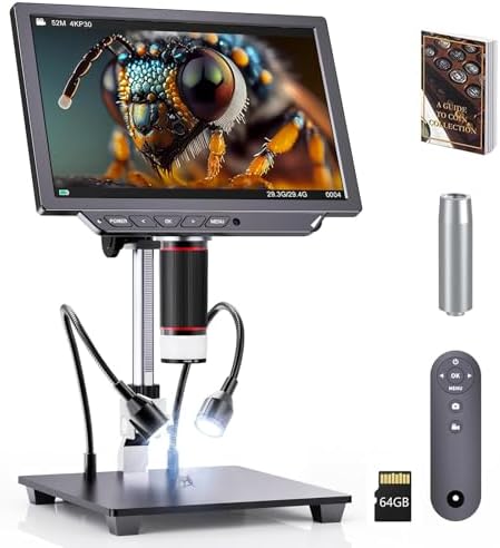 4K Digital Microscope - 2000X Magnification, 10" Coin Microscope with 52MP Camera Sensor, Microscope for Adults for Soldering, Full Coin Observation, 64GB TF Card & Coin Guidebook Included