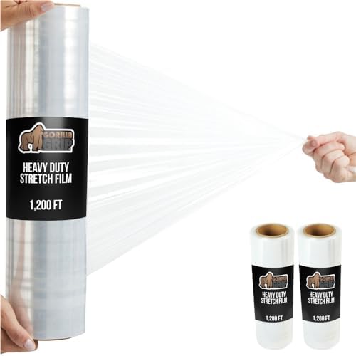Gorilla Grip 500% Stretch Film Heavy Duty Plastic, 2 Pack 1200ft Shrink Wrap Rolls 17" Puncture Resistant, Industrial Strength for Pallet Storing, Wrapping, Moving, Packing Furniture Protection Clear