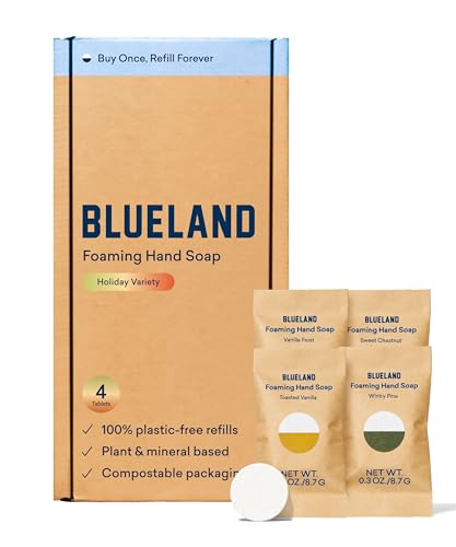 BLUELAND Foaming Hand Soap Refill Tablets, 4-Pack, Holiday Scents, Eco Friendly Cleaning Products, 4 x 9 Fl oz