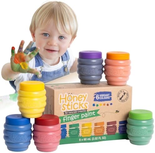 Honeysticks Non Toxic Finger Paint (6 Bright Colors), Washable from Skin, Safe Finger Painting for Toddlers, Kids Ages 1-3, 2-4, 3-5, Perfect First Paint for Little Artists Age 1+, Water Based, Eco