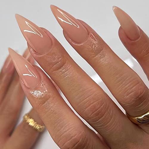 Press on Nails Long Stiletto Nude Fake Nails False Nails with Pure Transparent Glossy Stick on Nails for Women